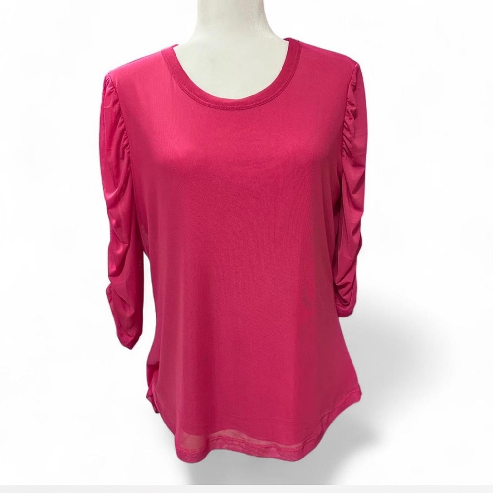 DKNY NWT Pink Ruched Sleeve Sheer Hem Blouse Top Scoop Neck Size M or L
